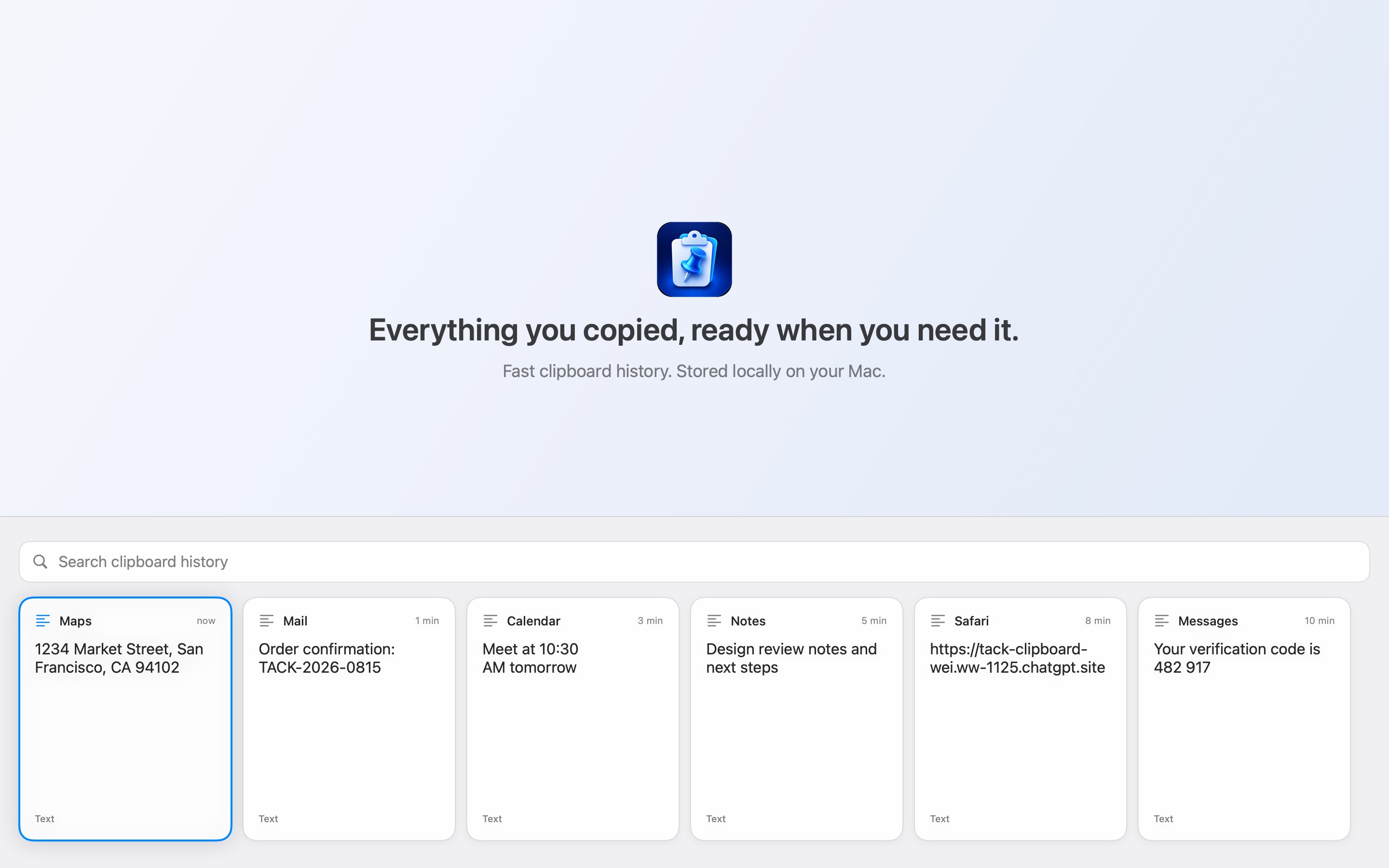 Tack showing searchable clipboard cards along the bottom of a Mac screen